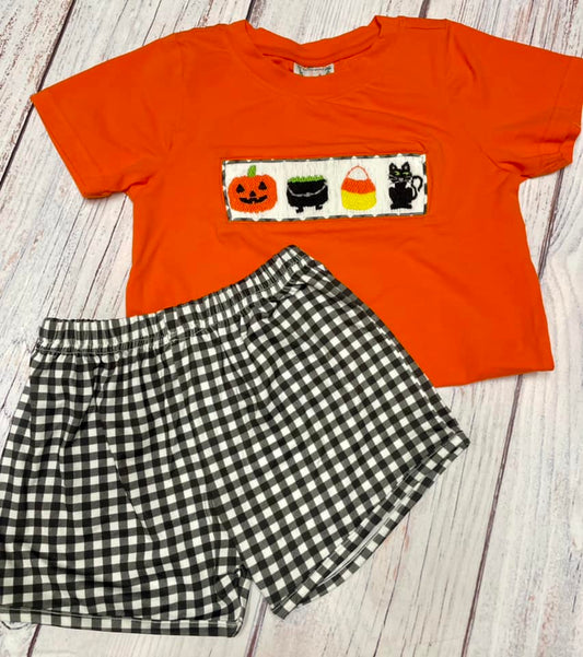 boys halloween smocked shorts set